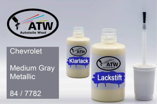 Chevrolet, Medium Gray Metallic, 84 / 7782: 20ml Lackstift + 20ml Klarlack - Set, von ATW Autoteile West.